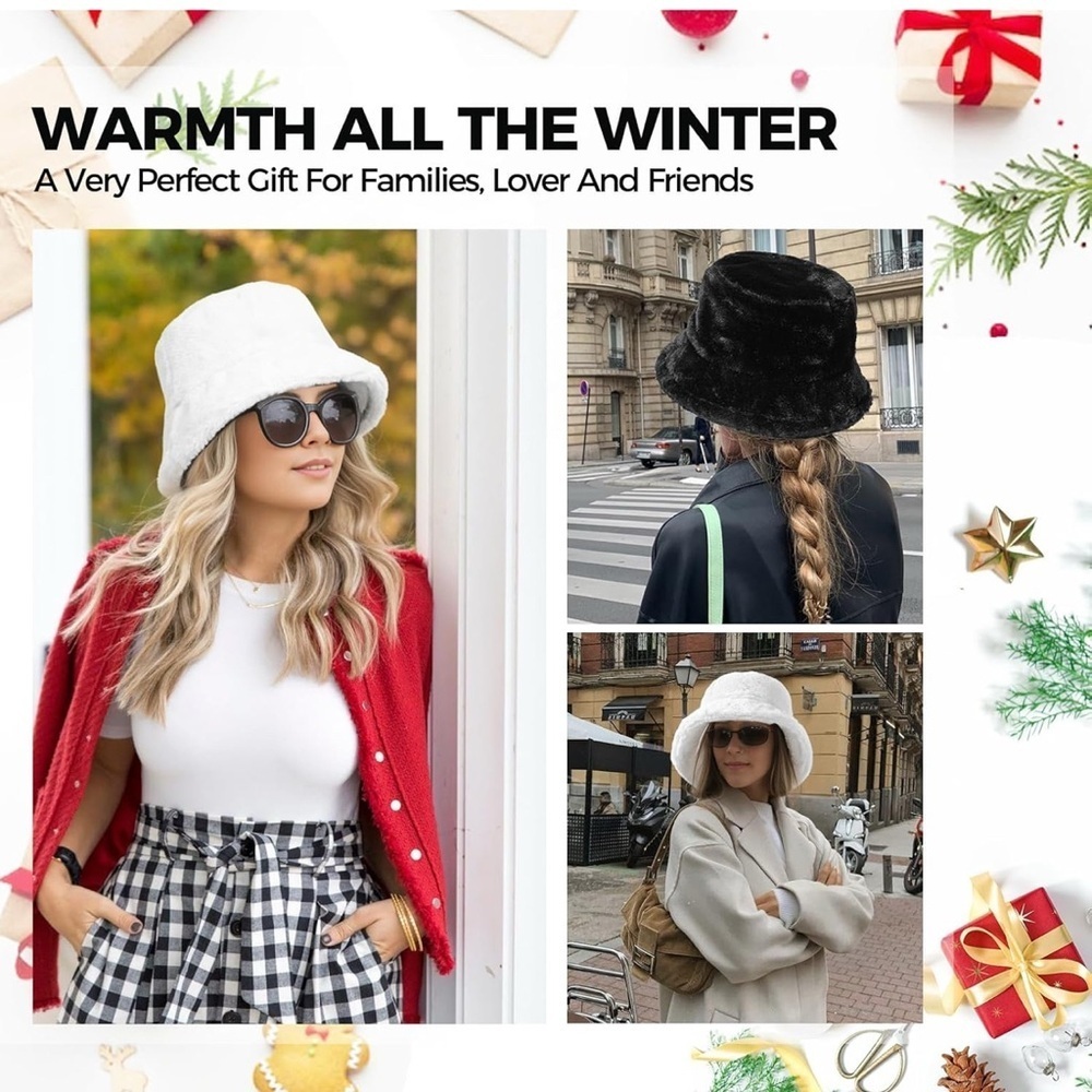 Faux Fur Furry Bucket Hat Winter Warm Unisex Adjustable Lightweight Black - Picture 5 of 7